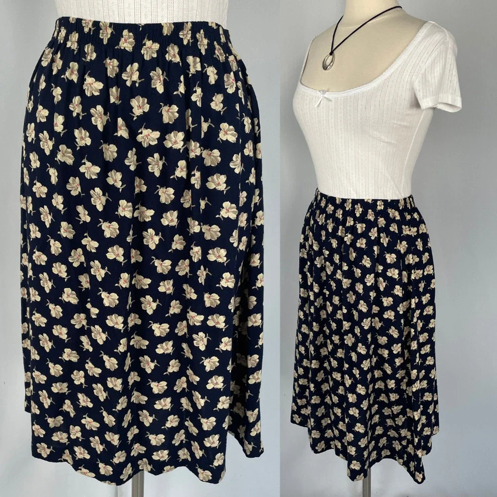 Vtg 90s Midi Skirt Size 12 Navy Blue Ditsy Floral A Line Cottage Boho Casual